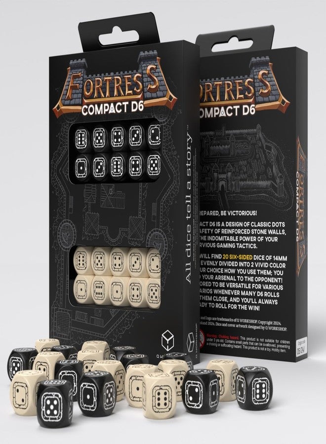Fortress Compact D6: Black & Beige by Q-Workshop, Dice for RPG Board Games, for 1+ Players and Ages 14+